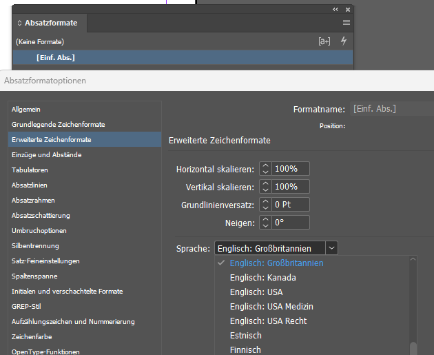 Screenshot aus InDesign Absatzformate