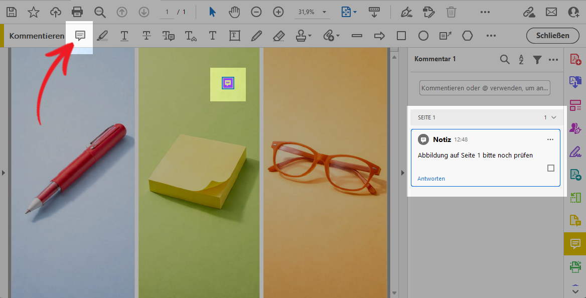 Dieser Screenshot zeigt ein Bild im Programm Acrobat. Das Notizwerkzeug ist hervorgehoben, um die Notizfunktion beispielhaft zu zeigen