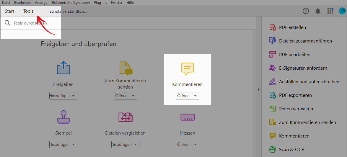 Der Screenshot zeigt den Tools-Bereich in Acrobat, in dem die Kommentieren-Werkzeuge aktivierbar sind