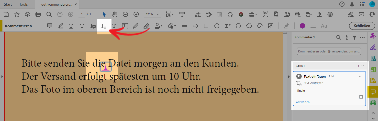 Der Screenshot zeigt einen Beispieltext in Acrobat. An einer Stelle wird das Text an Curser-Werkzeug angewendet, um Text einzufügen