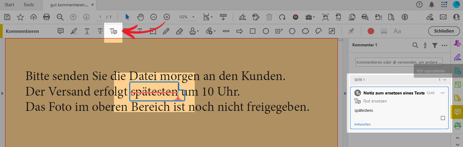 Der Screenshot zeigt einen Text in Acrobat, der mit dem Text-ersetzen-Werkzeug bearbeitet wird. Ein Text wird durchgestrichen, und im Notizfeld der neue Text einfgefügt