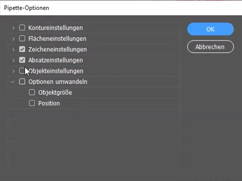 In den Pipette-Optionen lässt sich festlegen, welche Eigenschaften übernommen werden sollen.