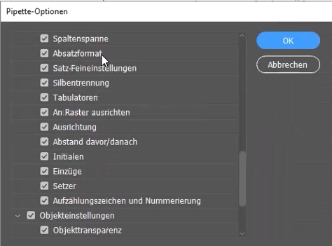 In den Pipette-Optionen lässt sich festlegen, welche Eigenschaften übernommen werden sollen.