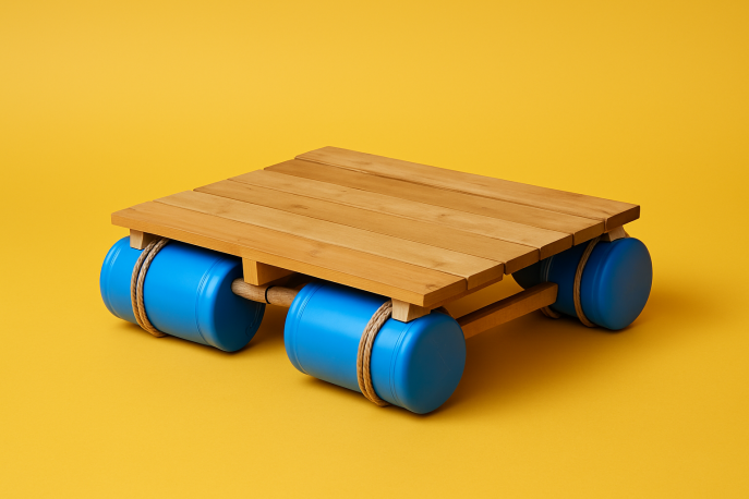 Ein kleines Floß aus Holzbohlen und blauen Kunststofffässern, mit Seilen zusammengebunden, vor gelbem Hintergrund.