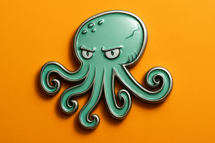 Ein mintgrüner Oktopus als glänzender Metall-Anstecker mit silberner Umrandung vor orangefarbenem Hintergrund.