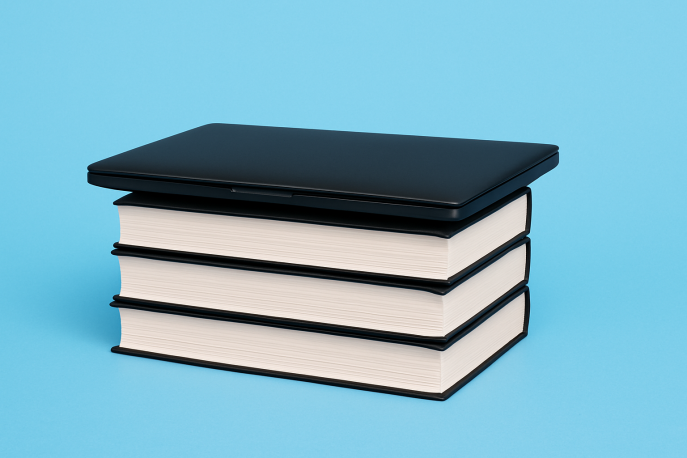 Ein geschlossener schwarzer Laptop liegt auf einem Stapel von drei dicken Büchern mit weißen Seiten. Hintergrund ist hellblau.
