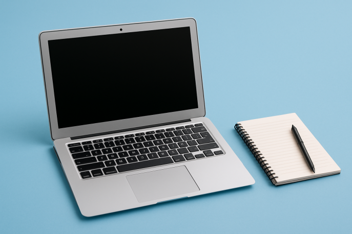 Ein aufgeklappter Laptop und daneben liegt ein Blog und ein Stift