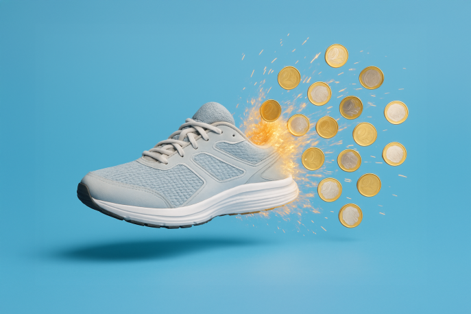 Ein leichter Laufschuh schwebt vor hellblauem Hintergrund. Hinter der Ferse sprühen Funken, aus denen zufällig verteilte 1- und 2-Euro-Münzen herausfliegen. Unter dem Schuh liegt ein weicher Schatten.