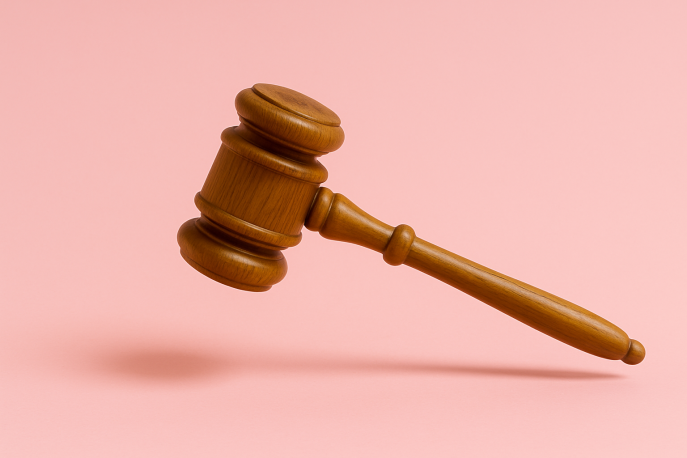 Ein hölzerner Richterhammer schwebt knapp über einem hellrosa Hintergrund. Durch den weichen Schatten darunter wirkt es, als würde der Hammer in der Luft hängen. Der Hammer ist leicht schräg ausgerichtet, sodass sowohl Kopf als auch Stiel gut erkennbar sind.