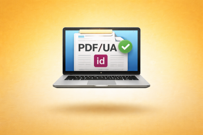 Ein aufgeklappter Laptop. Zu sehen ist der Schriftzug "PDF/UA"