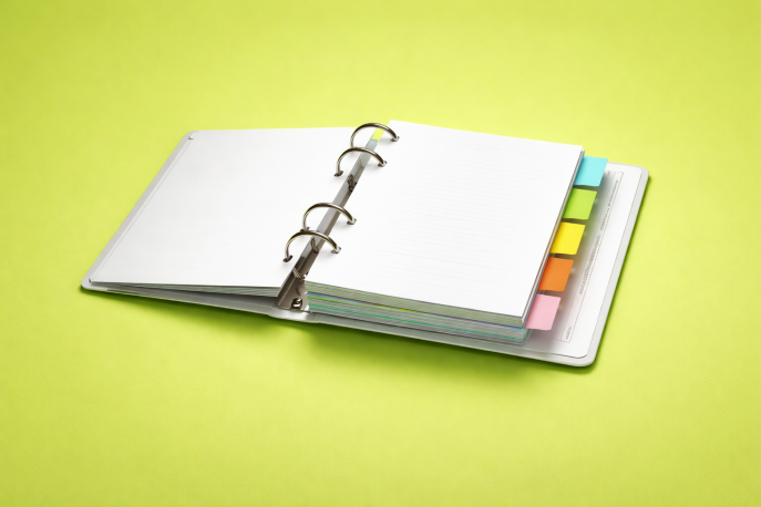 Geöffneter weißer Ringordner mit leeren Seiten und farbigen Registertabs auf hellgrünem Hintergrund.