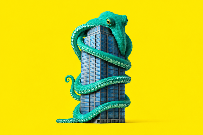 Ein riesiger grüner Kraken umschlingt eine Bürohochhaus