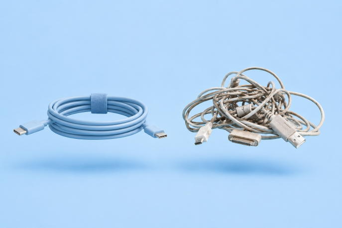 Geordnetes modernes Kabel steht einem unübersichtlichen Knäuel alter Kabel gegenüber.