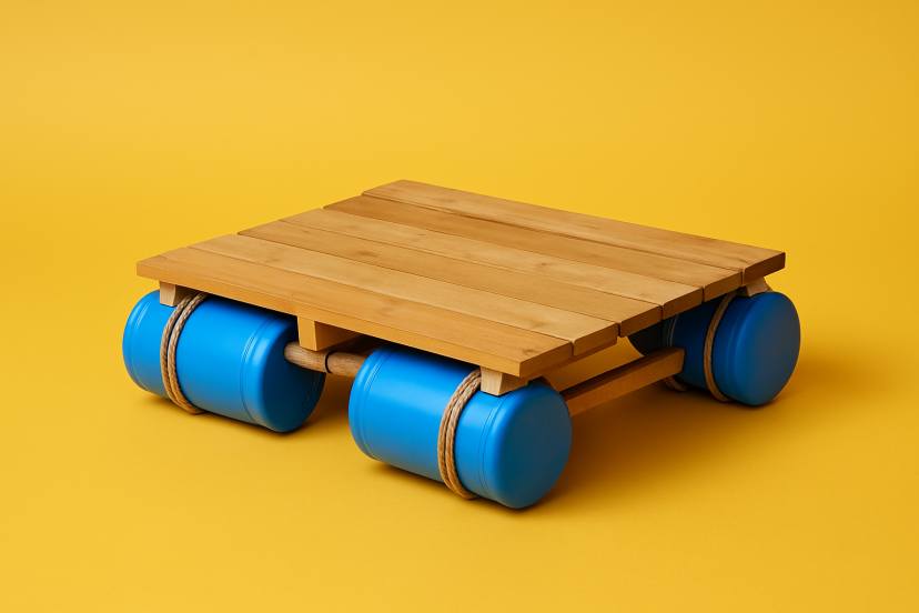 Ein kleines Floß aus Holzbohlen und blauen Kunststofffässern, mit Seilen zusammengebunden, vor gelbem Hintergrund.