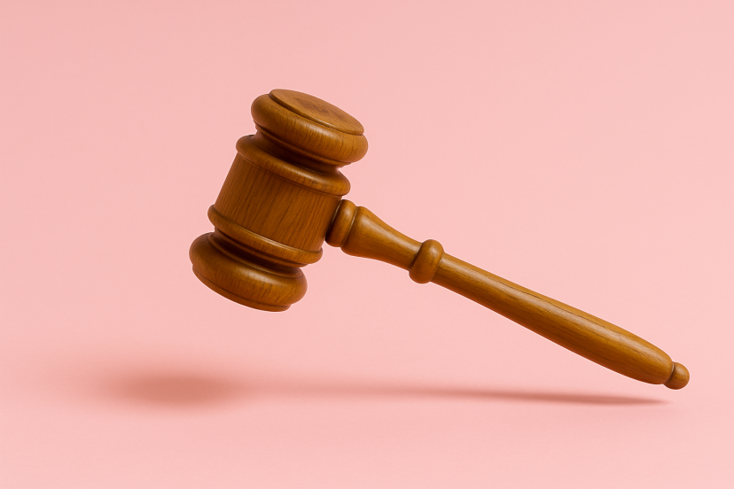 Ein hölzerner Richterhammer schwebt knapp über einem hellrosa Hintergrund. Durch den weichen Schatten darunter wirkt es, als würde der Hammer in der Luft hängen. Der Hammer ist leicht schräg ausgerichtet, sodass sowohl Kopf als auch Stiel gut erkennbar sind.