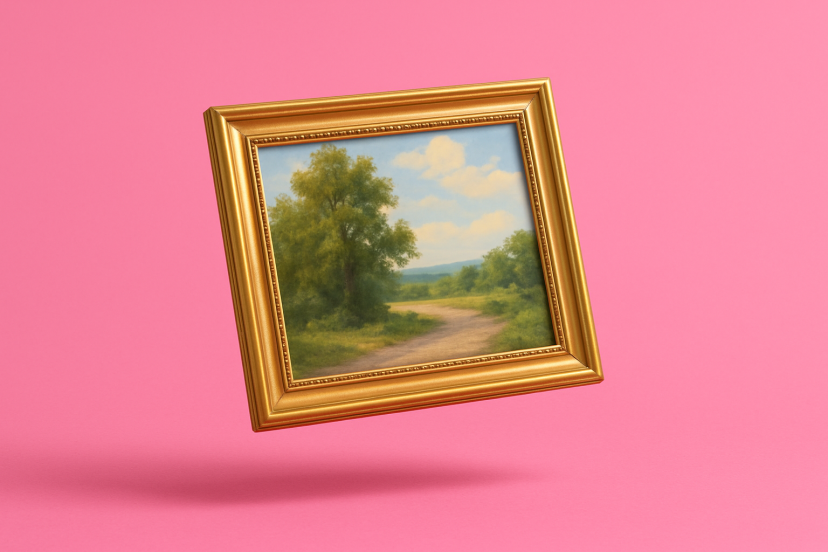 Ein klassischer goldener Bilderrahmen schwebt knapp über einem kräftig pinken Hintergrund. Im Rahmen befindet sich ein Gemälde mit einer ruhigen Landschaft: ein Weg führt durch grüne Bäume und Wiesen unter einem leicht bewölkten Himmel. Unter dem Rahmen liegt ein weicher Schatten, der das Schweben deutlich macht.