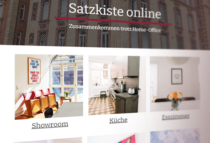 Screenshot von den virtuellen Meetingräumen der Satzkiste, mit Showroom, Küche, Esszimmer