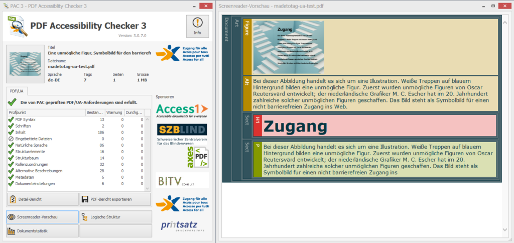 Ansicht der PDF-UA im Prüfprogramm PAC mit Screenreader-Vorschau und der Möglichkeit, direkt einen Prüf-Report zu erstellen.