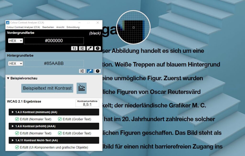 Im Colour Conrast Analyser können Farbkontraste zwischen Vorder- und Hintergrundfläche bewertet werden.